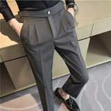 Riolio British Style Autumn New High Waist Dress Pants Men Belt Design Slim Fit Suit Pants Formal Office Social Wedding Party Trousers