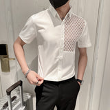 Summer Transparent Lace Stitching Hollow Shirts Mens Long Sleeve Slim Fit Club Prom Shirt High Quality Social Party Clothes