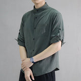 Summer Japanese Linen Shirts Men Cotton Stand Collar Half Sleeve Solid Color Korean Fashion Short Sleeve Men's Casual Blouse