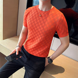 Mens High Elasticity Transparent Mesh Knitted T-shirts Summer Short Sleeve O-Neck Hollow T Shirt Male Casual Plaid Tee Tops