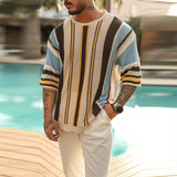 Spring Summer Mens Knit T Shirt Vintage Jacquard Striped Stitch Knitted Tops Men Clothes Fashion Loose Half Sleeve O Neck Jumper