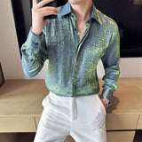 Riolio Summer Fashion Pleated Design Floral Shirt Men's Long Sleeve Slim Casual Shirts Ice Silk Gradient Sunscreen Clothes Shirts