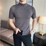 Riolio Autumn High Quality Short Sleeve Knitted T Shirts  Men Slim Solid Pullovers Half Turtleneck Casual Stretched Tee Shirt Homme