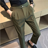 Riolio British Style Autumn New High Waist Dress Pants Men Belt Design Slim Fit Suit Pants Formal Office Social Wedding Party Trousers