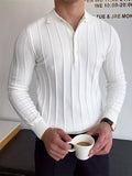 Riolio Knitted Chic Slim Shirt, Men's Casual Lapel Slightly Stretch V-Neck Pullover Sweater For Men Winter Fall