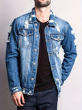 Riolio Men's Casual Ripped Denim Jacket, Street Style Button Up Flap Pocket Jacket