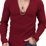 Riolio Slim Solid Knitted Sweater, Men's Casual Warm Slightly Stretch V Neck Pullover Sweater For Men Fall Winter