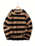 Riolio All Match Knitted Ripped Striped Sweater, Men's Casual Warm Slightly Stretch Crew Neck Pullover Sweater For Fall Winter