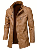 Riolio Vintage Style PU Jacket, Men's Casual Warm Fleece Zip Up Faux Leather Jacket