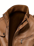 Riolio Vintage Style PU Jacket, Men's Casual Warm Fleece Zip Up Faux Leather Jacket