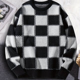 Riolio Men's Checkerboard Knitted Sweater - Warm And Stretchy Casual Pullover For Fall And Winter